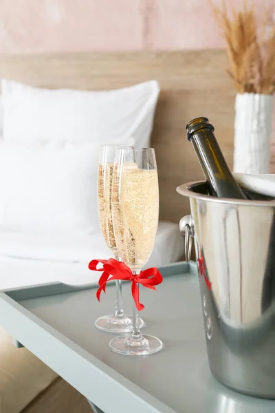 Glasses Champagne Ice Bucket Table Hotel Room — Stock Photo, Image