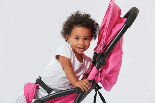 Cute African American Baby Stroller Light Background — Stock Photo, Image