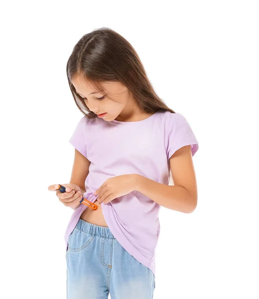 Little Diabetic Girl Giving Herself Insulin Injection White Background — Stock Photo, Image