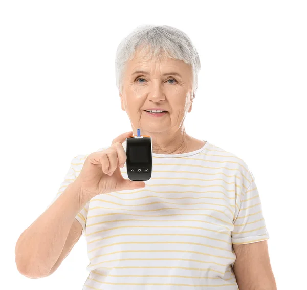 Senior Diabetic Woman Glucometer White Background — Stock Photo, Image