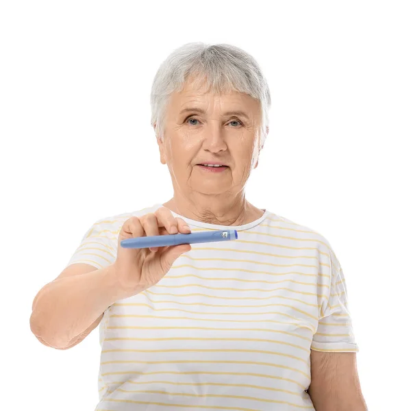 Senior Diabetic Woman Insulin Syringe White Background — Stock Photo, Image