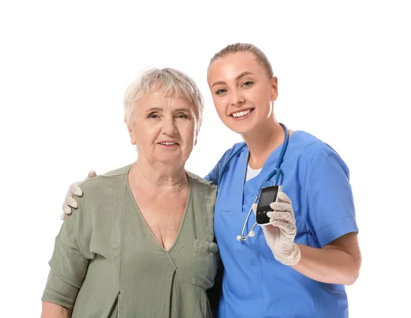 Doctor Senior Diabetic Woman Glucometer White Background — Stock Photo, Image