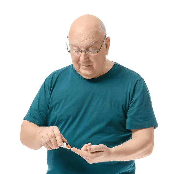 Senior Diabetic Man Checking Blood Sugar Level White Background — Stock Photo, Image