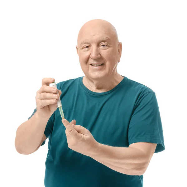 Senior Diabetic Man Taking Blood Sample Lancet Pen White Background — Stock Photo, Image