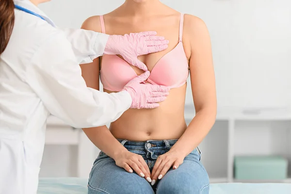 Mamolog Klinikte Genç Bir Kadını Muayene Ediyor Göğüs Kanseri Farkındalığı — Stok fotoğraf