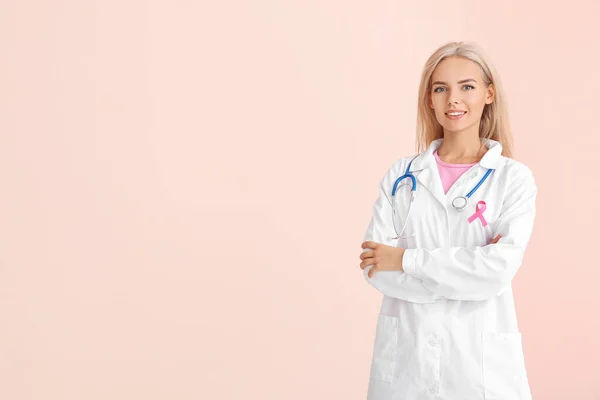 Doctor Pink Ribbon Color Background Breast Cancer Awareness Concept — Stock Photo, Image