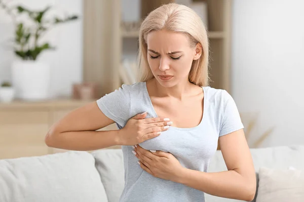 Young Woman Checking Her Breast Home Cancer Awareness Concept — Stock Photo, Image