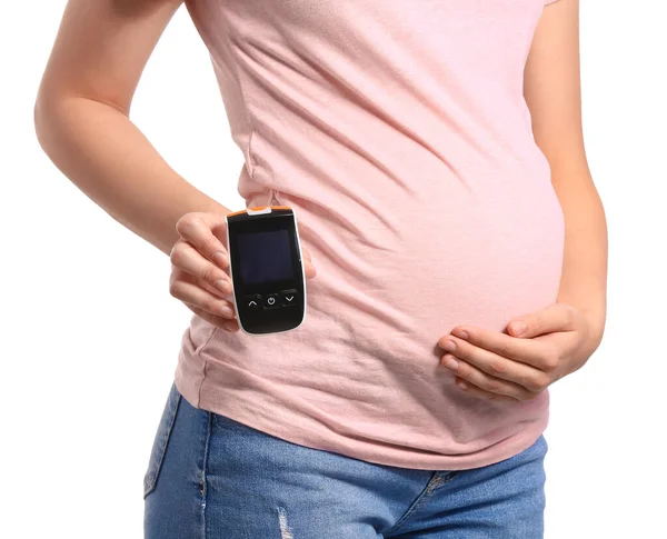 Pregnant Diabetic Woman Digital Glucometer White Background — Stock Photo, Image