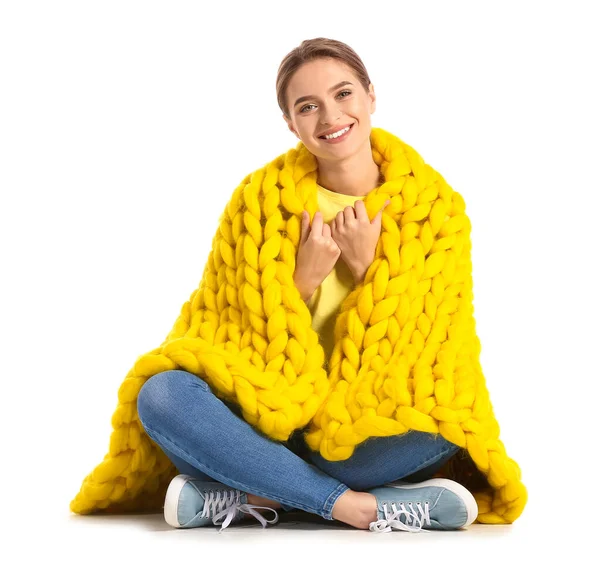 Happy Young Woman Warm Plaid White Background — Stock Photo, Image