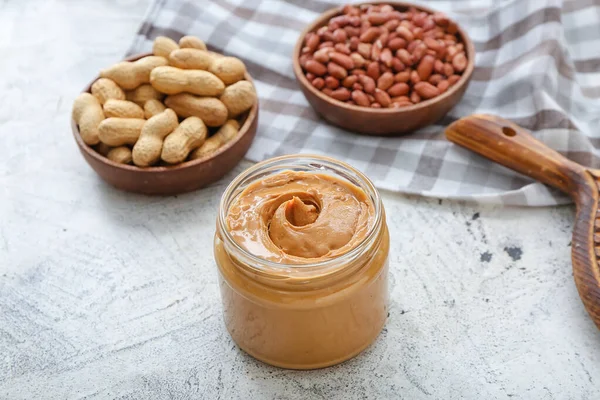 Composition Tasty Peanut Butter Table — Stock Photo, Image