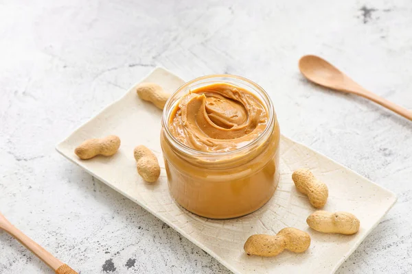 Jar Tasty Peanut Butter Table — Stock Photo, Image
