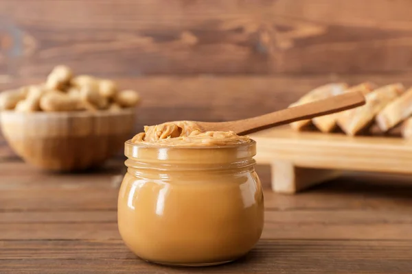 Jar Tasty Peanut Butter Table — Stock Photo, Image