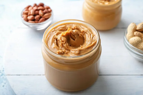 Jar Tasty Peanut Butter Table — Stock Photo, Image