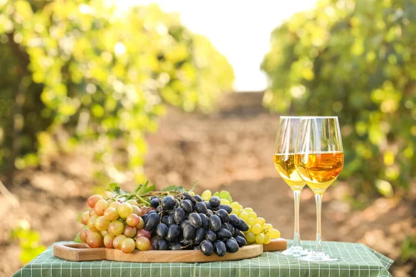 Verres Vin Raisins Mûrs Sur Table Dans Vignoble — Photo