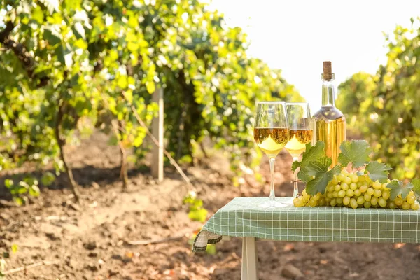 Leckerer Wein Und Reife Trauben Auf Dem Tisch Weinberg — Stockfoto