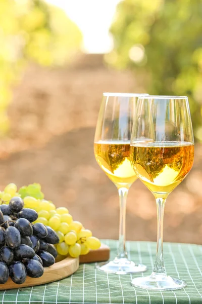 Verres Vin Raisins Mûrs Sur Table Dans Vignoble — Photo