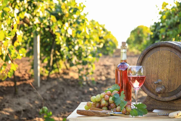 Leckerer Wein Und Reife Trauben Auf Dem Tisch Weinberg — Stockfoto