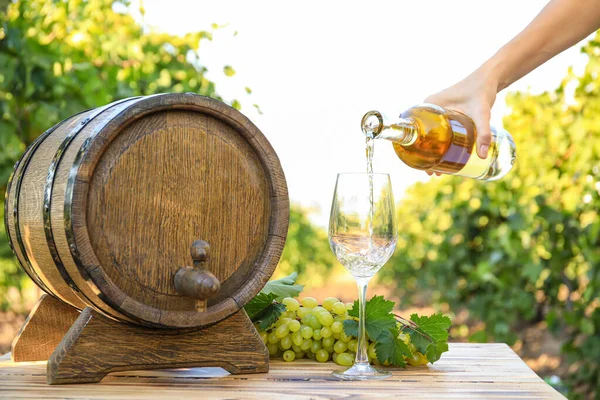 Femme Versant Vin Savoureux Dans Verre Extérieur — Photo