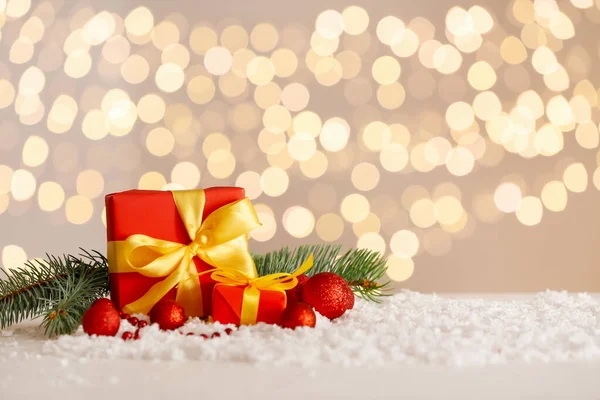 Christmas Decor Gift Boxes Table Blurred Lights — Stock Photo, Image