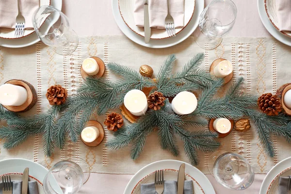 Beautiful Table Setting Christmas Decorations Living Room — Stock Photo, Image