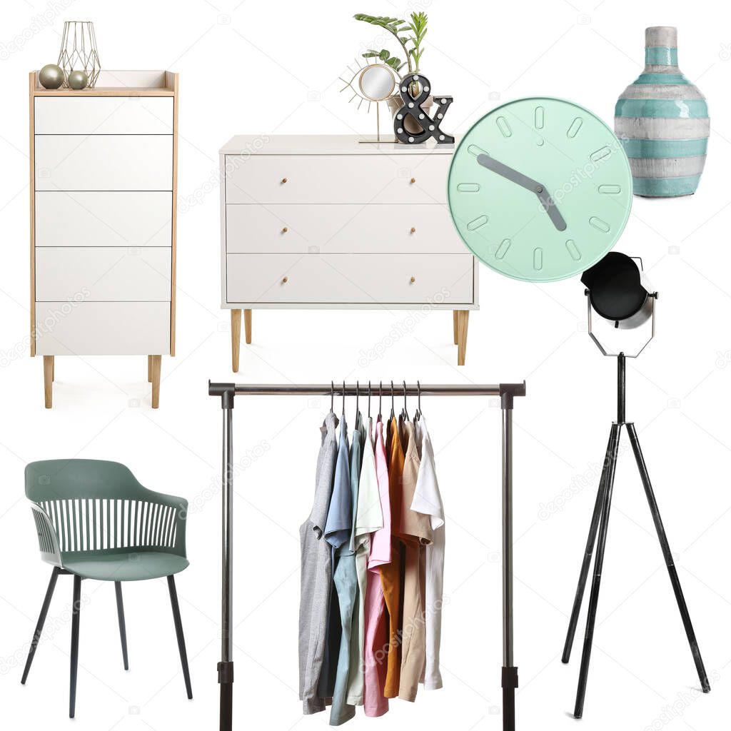Collage with different elements of wardrobe interior on white background
