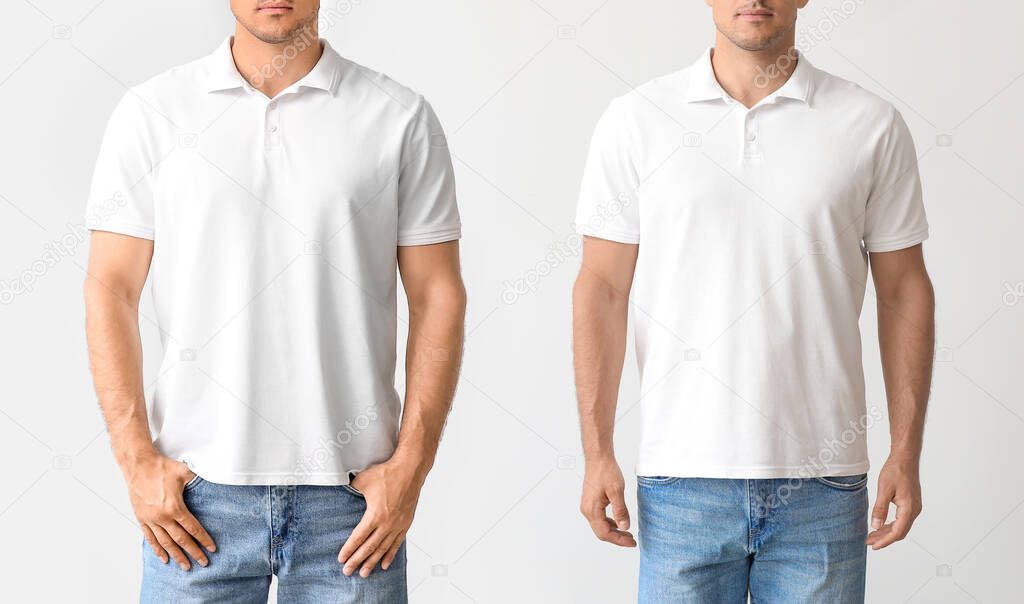 Man in stylish t-shirt on light background