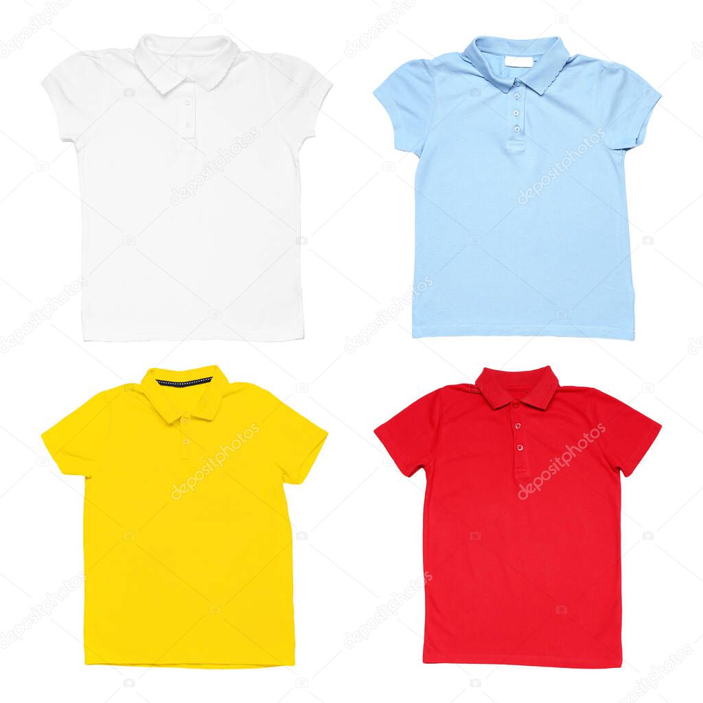 Different blank polo shirts on white background