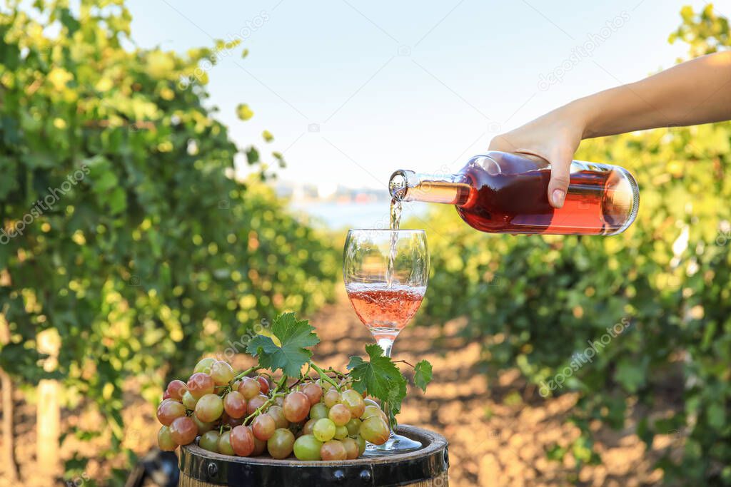 Woman pouring tasty wine in glass outdoors