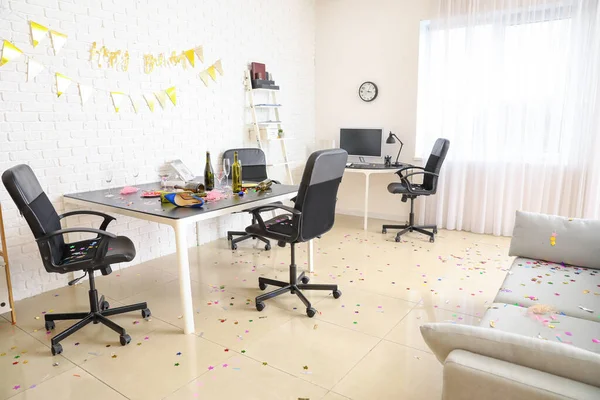 Interior of messy office after party