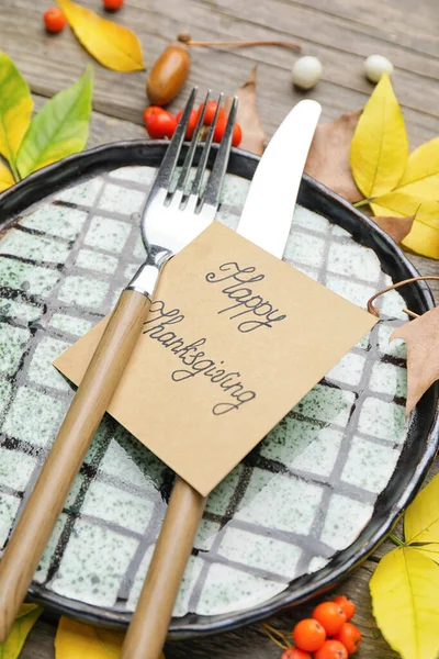 Beautiful Table Setting Thanksgiving Day Celebration Wooden Background — Stock Photo, Image