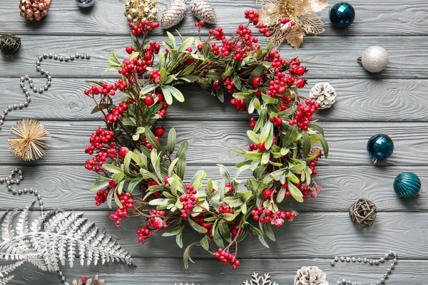 Beautiful Christmas Wreath Decor Wooden Background — Stock Photo, Image