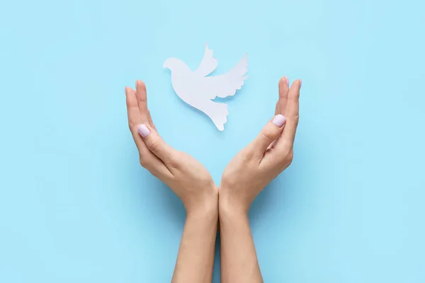 Female Hands Paper Dove Color Background International Day Peace — Stock Photo, Image