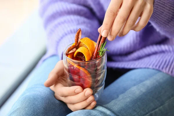 Woman Drinking Mulled Wine Home Closeup — Stock Photo, Image