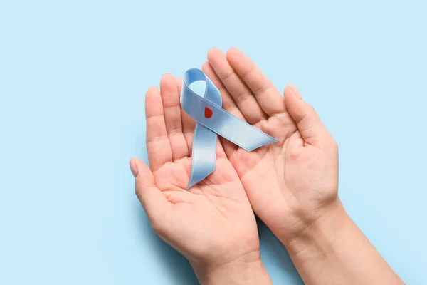 Female Hands Awareness Ribbon Color Background Diabetes Concept — Stock Photo, Image