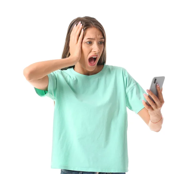Mujer Joven Estresada Con Teléfono Móvil Sobre Fondo Blanco —  Fotos de Stock