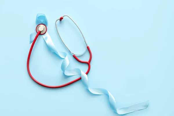 Blue Ribbon Stethoscope Color Background Prostate Cancer Awareness Concept — Stock Photo, Image