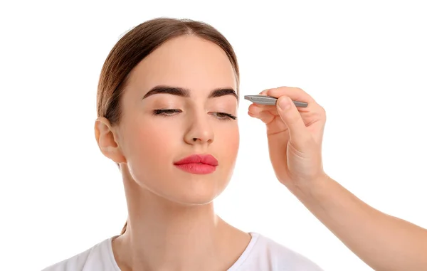 Young Woman Undergoing Eyebrow Correction Procedure White Background — Stock Photo, Image