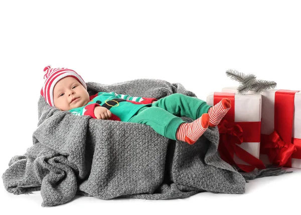 Cute Little Baby Elf Costume Lying Plaid White Background — Stock Photo, Image