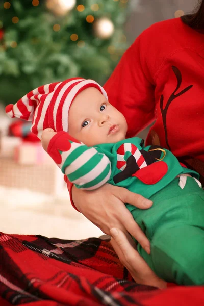 Mother Cute Little Baby Elf Costume Home — Stock Photo, Image