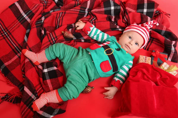 Cute Little Baby Elf Costume Christmas Gifts Color Background — Stock Photo, Image