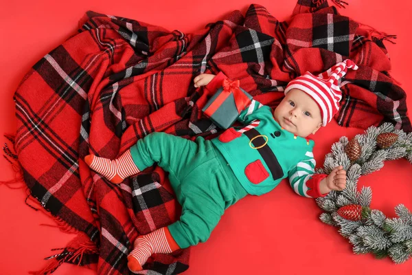 Cute Little Baby Elf Costume Color Background — Stock Photo, Image