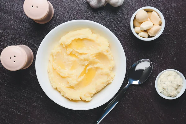 Composition Tasty Mashed Potato Garlic Table — Stock Photo, Image