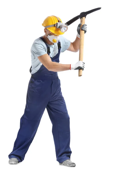 Miner Man Pick Axe White Background — Stock Photo, Image