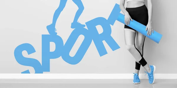 Young Woman Yoga Mat Light Wall Word Sport — Stock Photo, Image