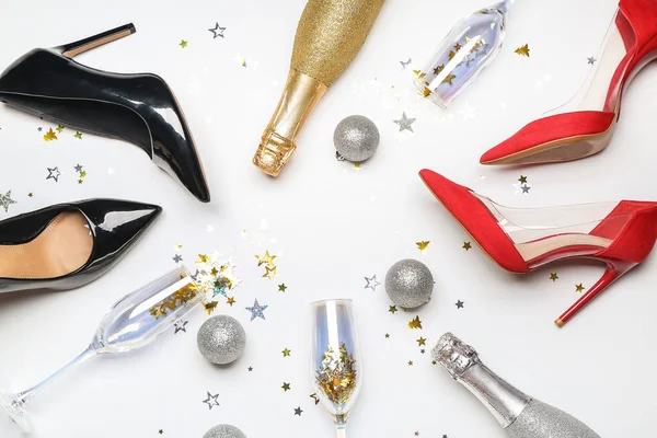 Christmas Composition Bottles Champagne Female Shoes White Background — Stock Photo, Image