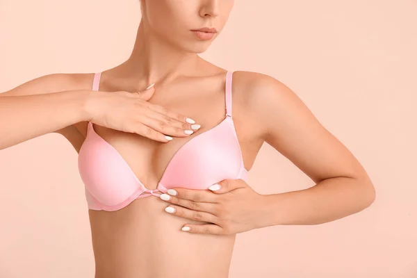 Young Woman Checking Her Breast Color Background Cancer Awareness Concept — Stock Photo, Image