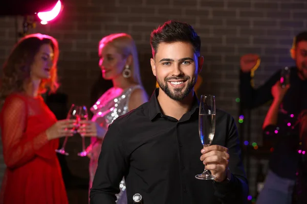 Young Man Glass Tasty Champagne Party Nightclub — Stock Photo, Image