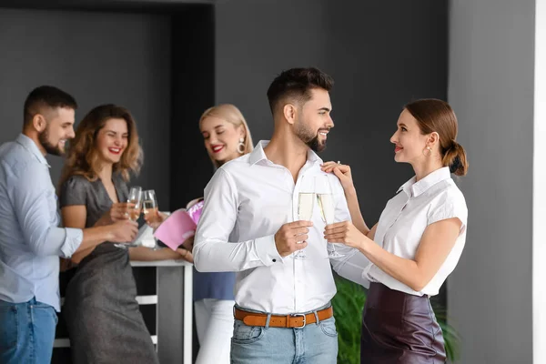 Young People Drinking Tasty Champagne Party Office — Stock Photo, Image