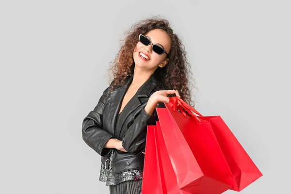 Beautiful African American Woman Shopping Bags Grey Background Black Friday — Stock Photo, Image