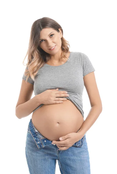 Belle Femme Enceinte Sur Fond Blanc — Photo